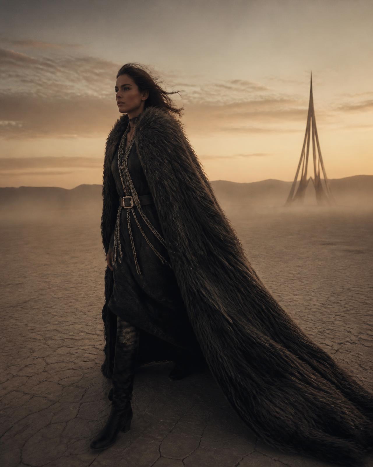 Campaign concept: model in a long faux fur cape crossing a desert lake bed at dusk