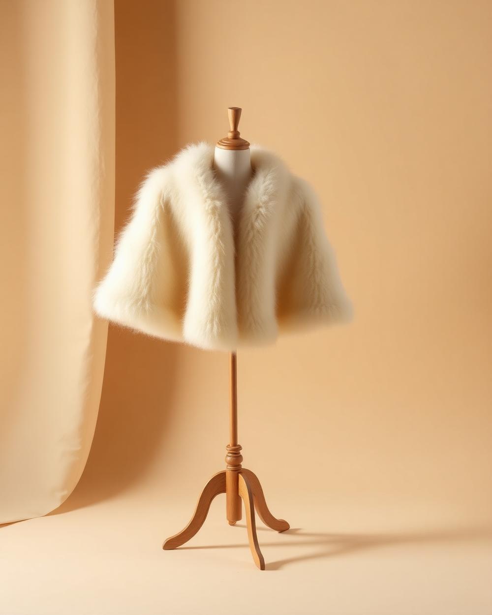 Ivory faux fur cape displayed on a wooden stand against a warm cream backdrop
