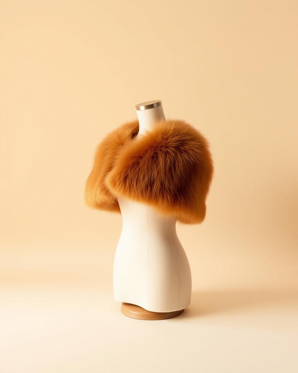 Caramel faux fur shrug draped over a cream mannequin bust