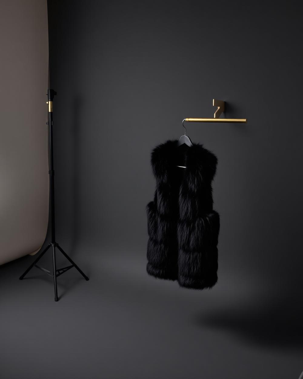 Black faux fur vest hanging from a brass rail in a dark studio